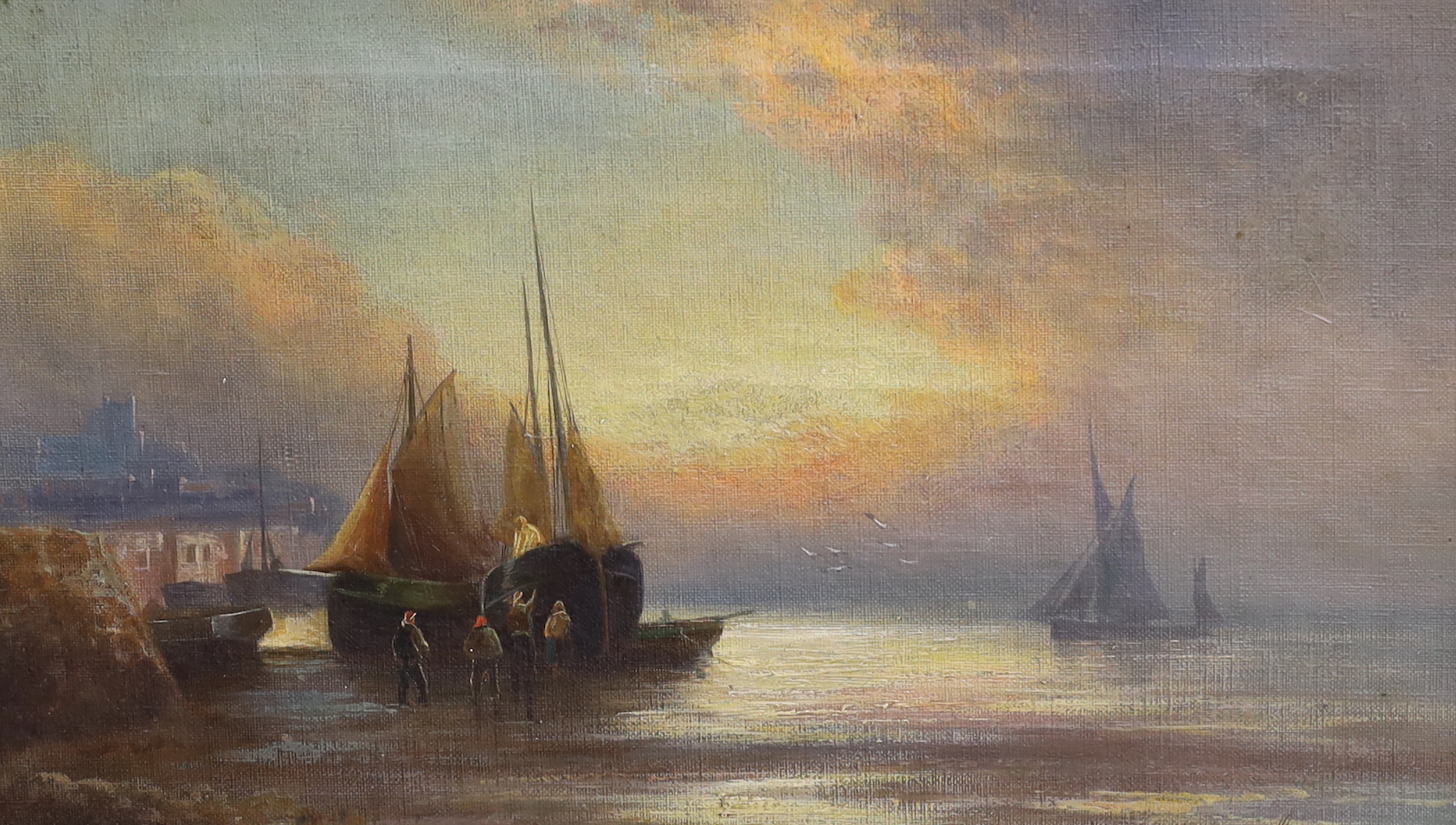 William Langley (1852-1922) oil on canvas, 'Sunset fishing, Luggers', signed, inscribed verso, 23 x 39cm, ornate gilt framed